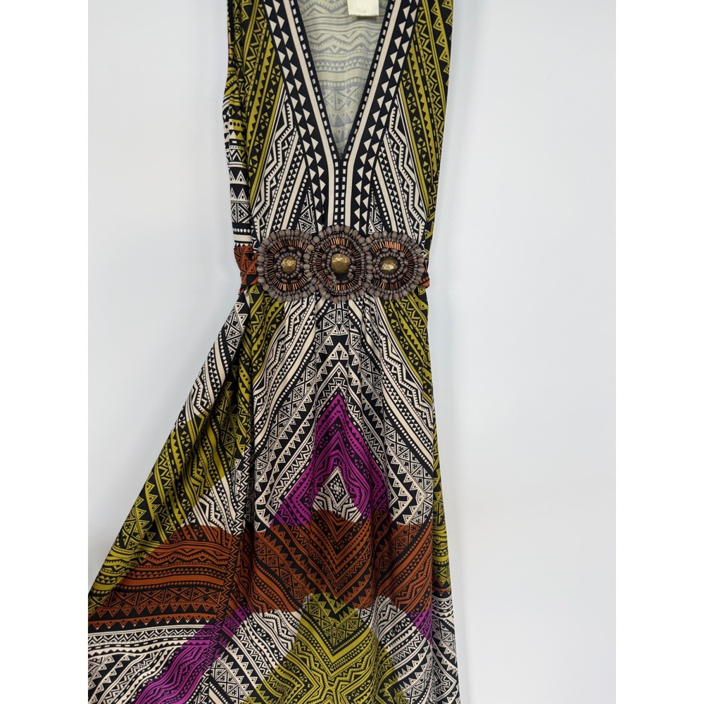 ICE Women's Tribal Geometric Aztec Print Beaded Waist Dress Medium Boho Festival